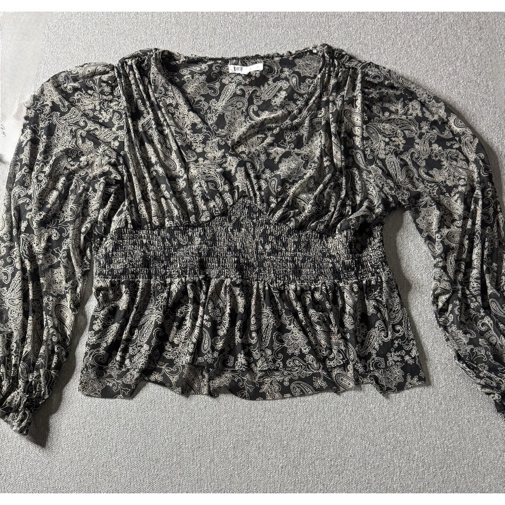 DR2 Women's Black And White Paisley Design Blouse XXL With Peplum Sheer V-neck